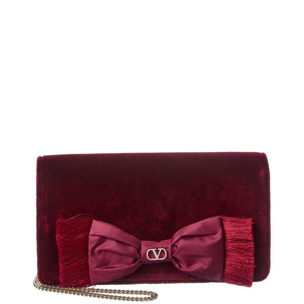 Valentino Vlogo Signature Mini Velvet Wallet On Chain, Red